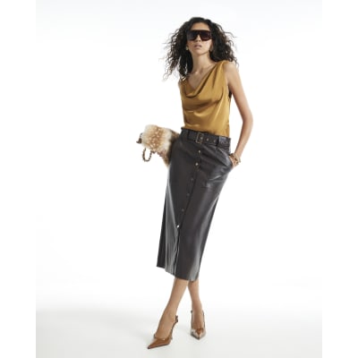 Faux Leather Utility Belted Midi Skirt