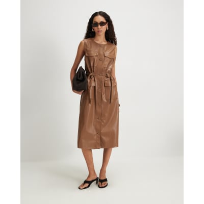 Faux Leather Utility Midi Dress