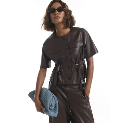 Faux Leather Utility Pocket Belted Top