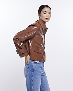 Brown faux leather vinyl jacket