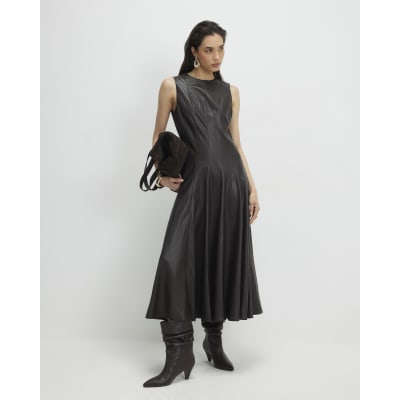 Brown Faux Leather Waisted Midi Dress