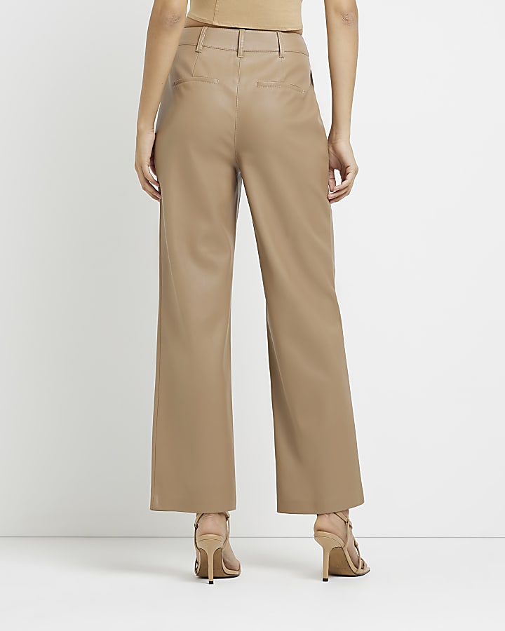 Brown faux leather wide leg trousers