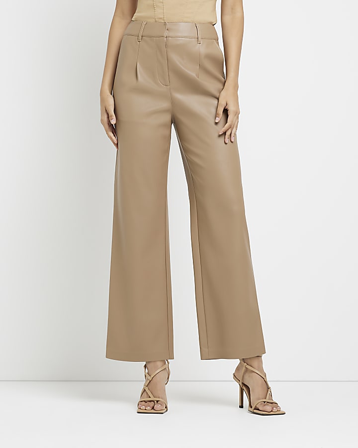 Brown faux leather wide leg trousers