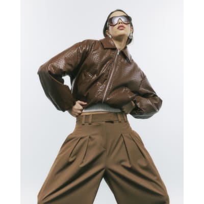 Brown Faux Leather Woven Bomber Jacket