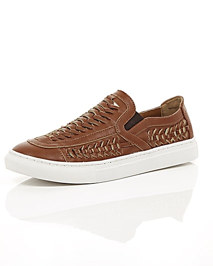 360 degree animation of product Brown faux leather woven plimsolls frame-0