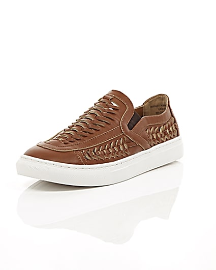360 degree animation of product Brown faux leather woven plimsolls frame-1