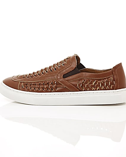 360 degree animation of product Brown faux leather woven plimsolls frame-21