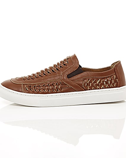 360 degree animation of product Brown faux leather woven plimsolls frame-22
