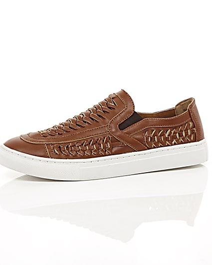 360 degree animation of product Brown faux leather woven plimsolls frame-23