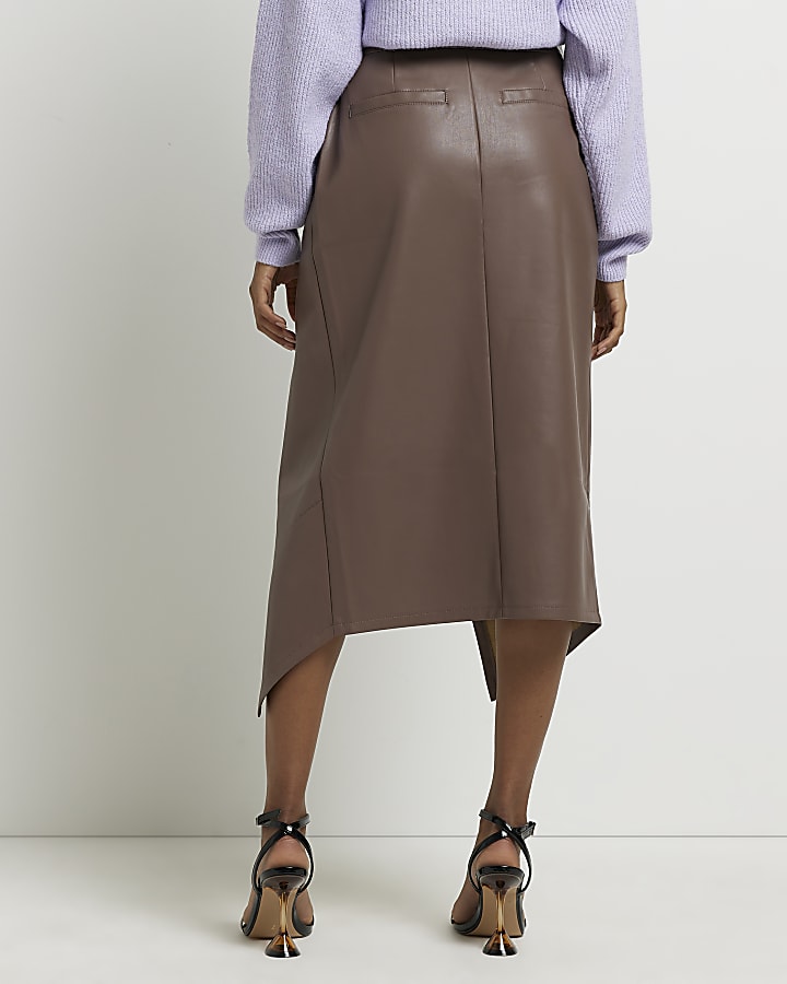 Brown faux leather wrap midi skirt