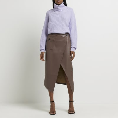 Brown faux leather wrap midi skirt