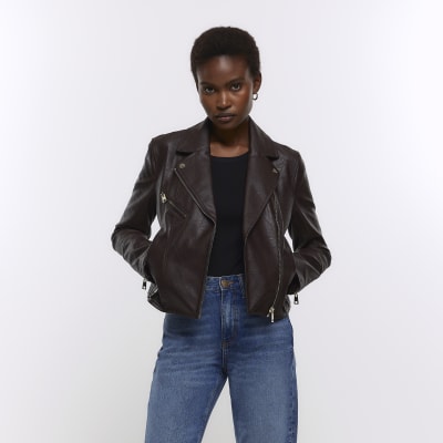 Brown faux leather zip biker jacket | River Island