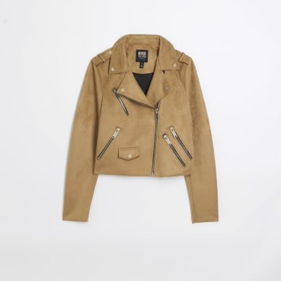 Brown faux suede Biker Jacket River Island