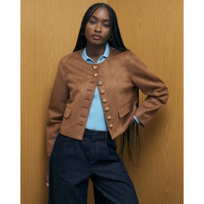 Brown Faux Suede Button Up Trophy Jacket