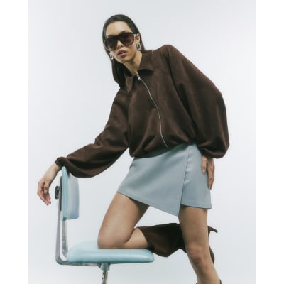 Brown Faux Suede Collared Bomber Jacket