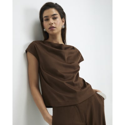 Brown Faux Suede Cowl Neck Top