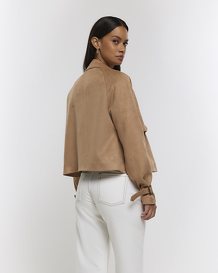 Brown faux suede crop trench jacket | River Island