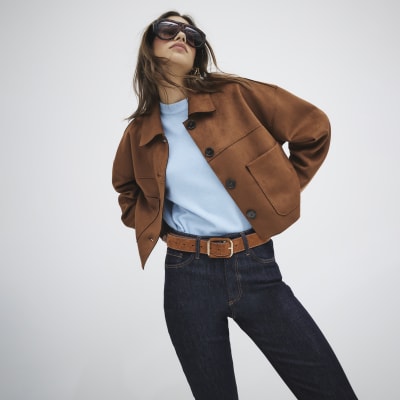 Brown Faux Suede Cropped Overshirt