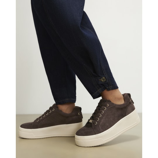River Island Brown Faux Suede Embossed Flatform Trainers