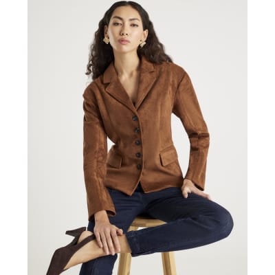 Brown Faux Suede Fitted Blazer