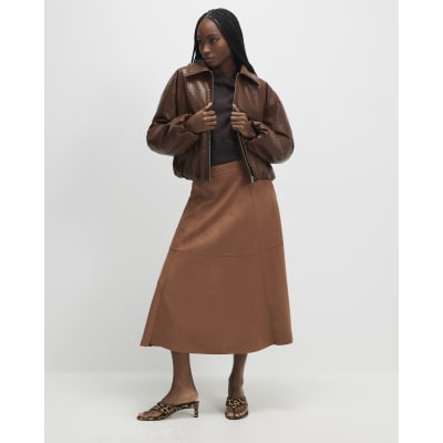 Brown Faux Suede Full Circle Midi Skirt