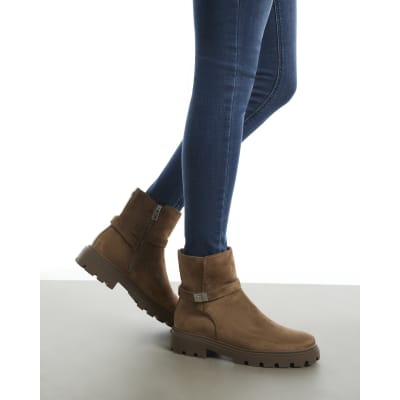 Faux Suede Lock Ankle Chunky Boots