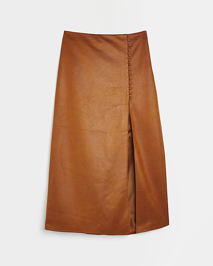 Brown faux suede midi skirt