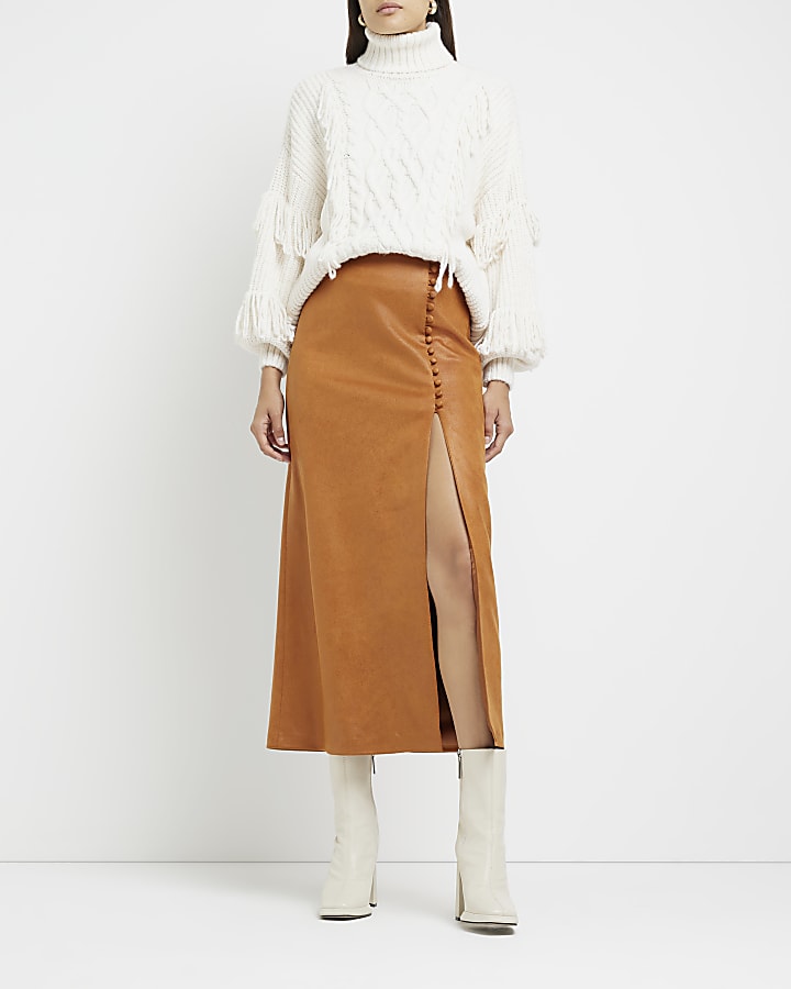 Brown faux suede midi skirt