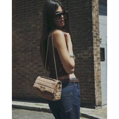 Brown Faux Suede Quilted Shoulder Bag