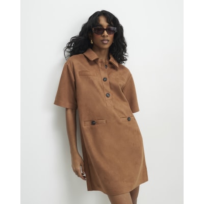 Brown Faux Suede Short Sleeve Shirt Dress