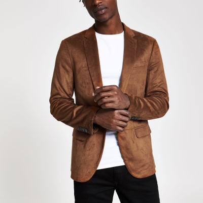 Brown faux suede skinny fit blazer