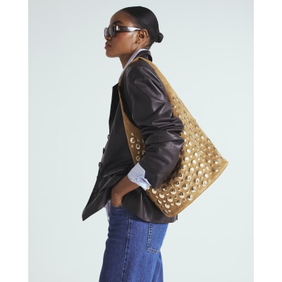 Brown Faux Suede Studded Bucket Shoulder Bag