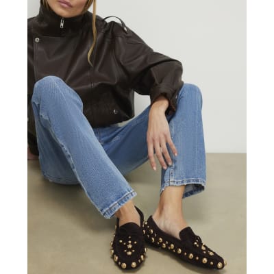 Brown Faux Suede Studded Loafers