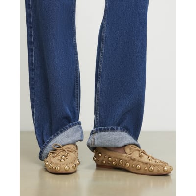 Brown Faux Suede Studded Loafers