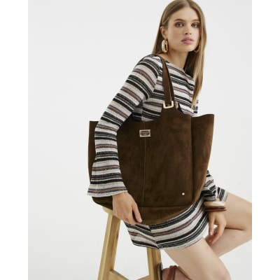 Brown Faux Suede Winged Shopper Bag