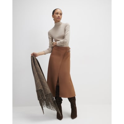 Brown Faux Suede Wrap Midi Skirt