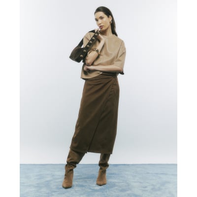Brown Faux Suede Wrap Midi Skirt