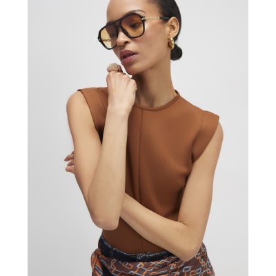 Brown Fitted Knit Brunch Top