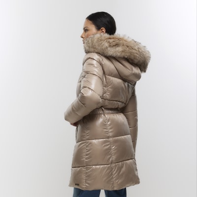 River Island monogram padded belted jacket with faux fur hood in brown
