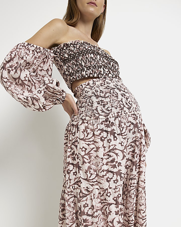 Brown floral bardot maternity cropped top