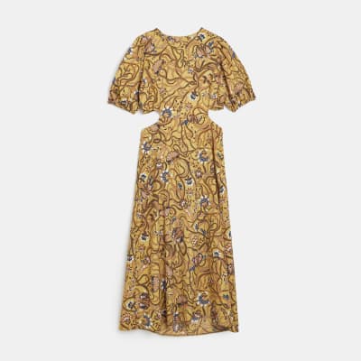 Brown floral cut out shift midi dress