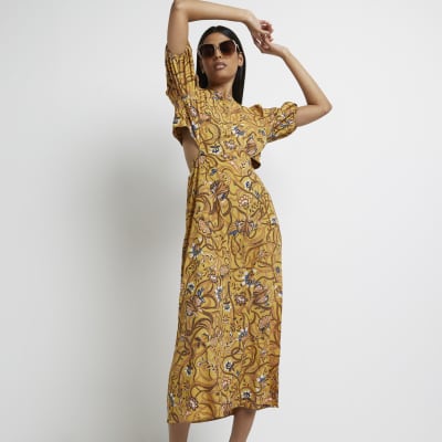 Brown floral cut out shift midi dress