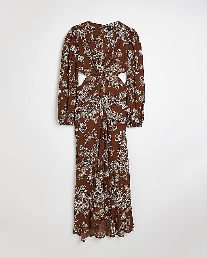 Brown floral cut out swing maxi dress