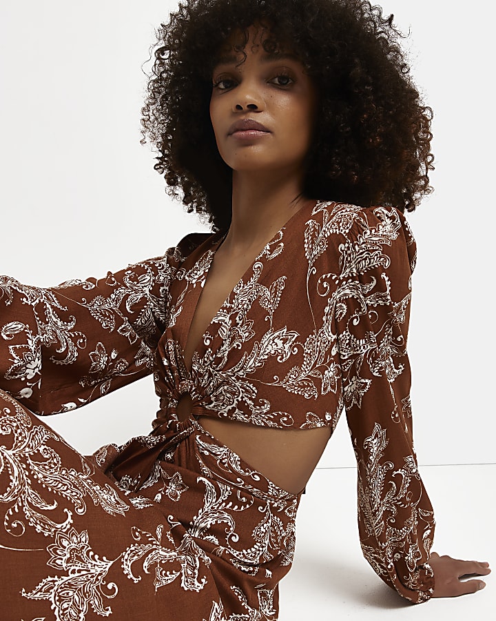 Brown floral cut out swing maxi dress
