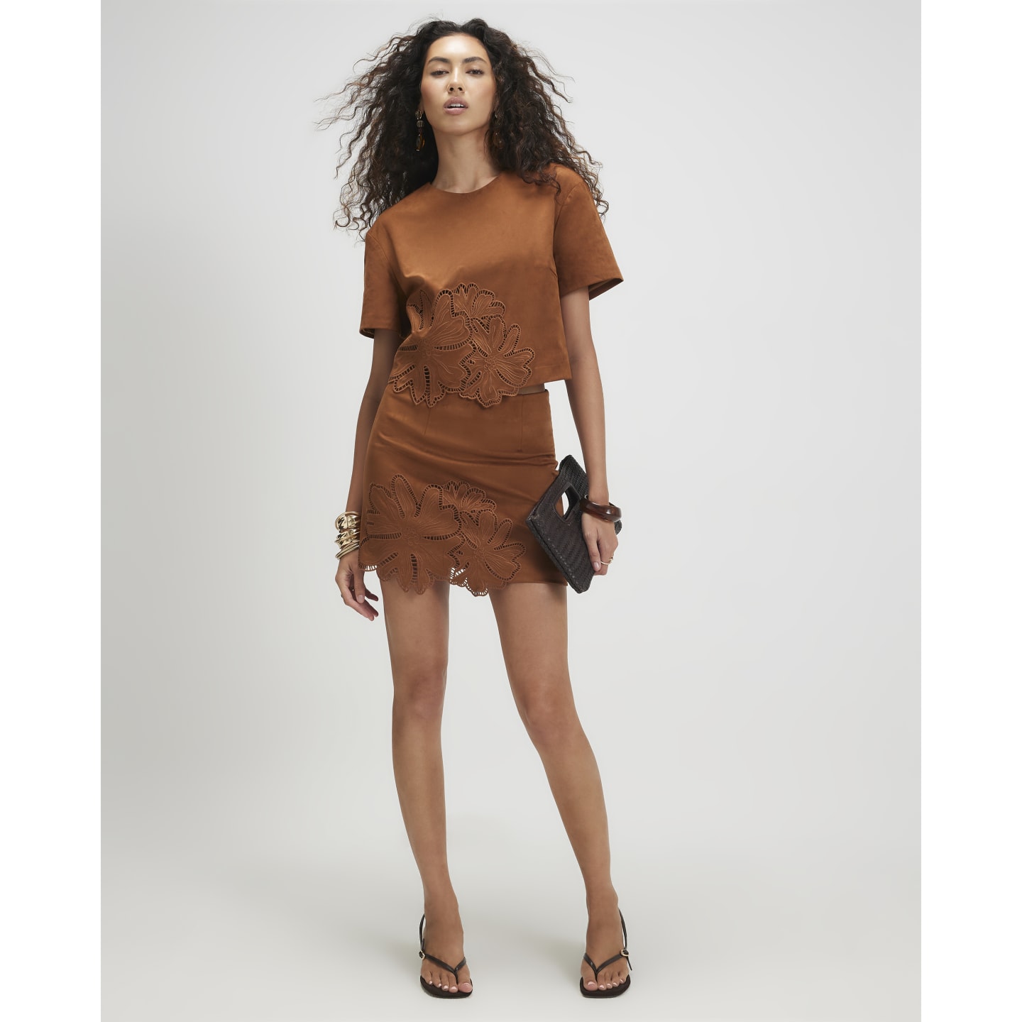 River Island Brown Floral Cutwork Faux Suede Mini Skirt — photo 1 of 1