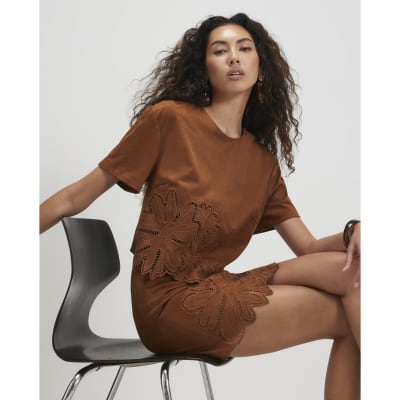 Floral Cutwork Faux Suede T Shirt