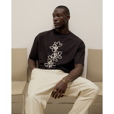 Brown Floral Embroidered T-Shirt