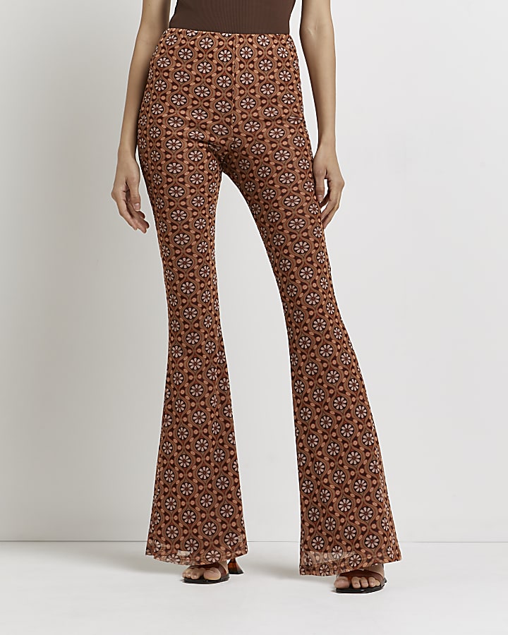 Brown floral flared trousers