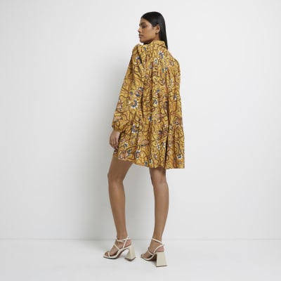 Brown floral mini shirt dress