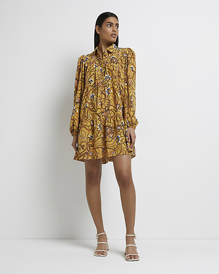 Brown floral mini shirt dress